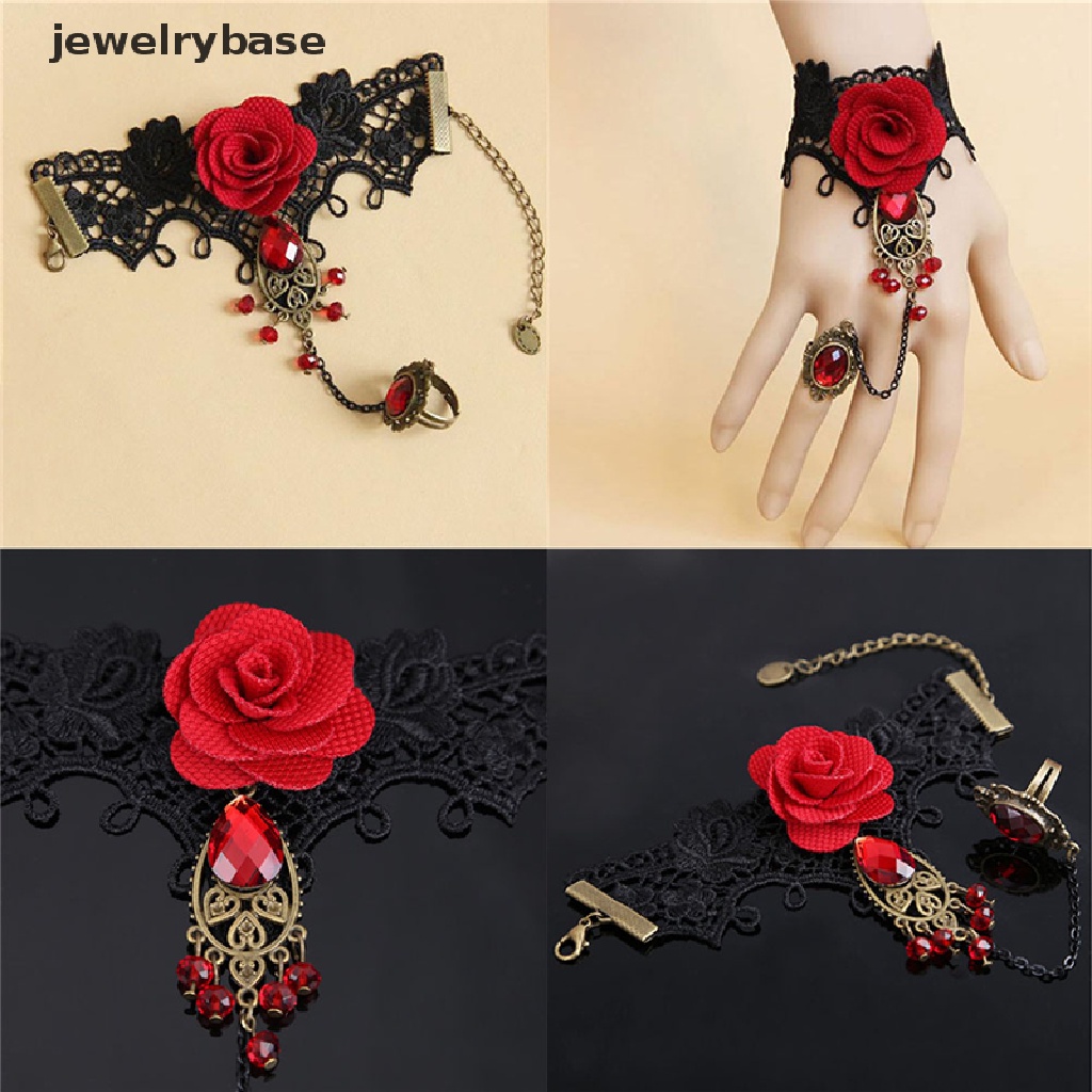 Gelang Cincin Jari Adjustable Bahan Lace Motif Mawar Merah Gaya Gothic Elegan