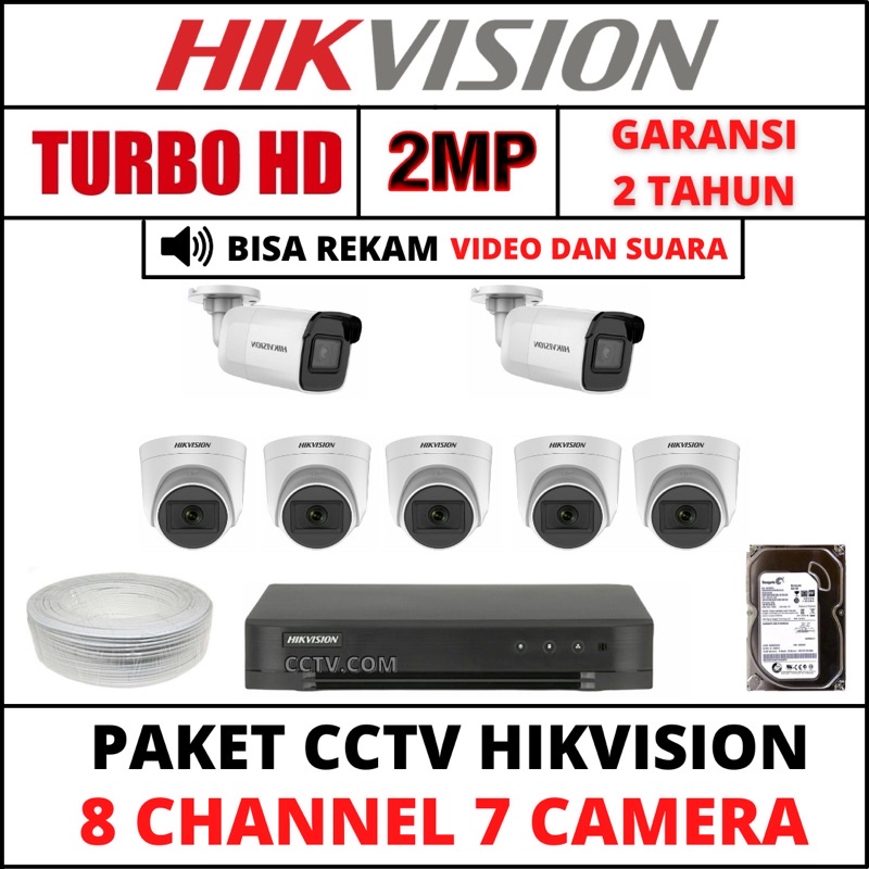 PAKET CCTV HIKVISION 8 CHANNEL 7 KAMERA BEBAS PILIH 2MP TURBO HD/AUDIO 1080P KOMPLIT TINGGAL PASANG