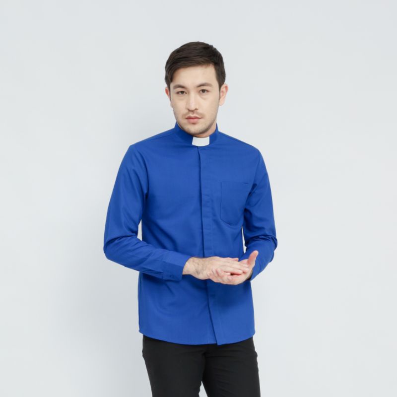 Pendeta - Kemeja Collar Biru Elektrik Polos - Cotton Tropical - Jos Miracle Bandung - Miracle - JMB