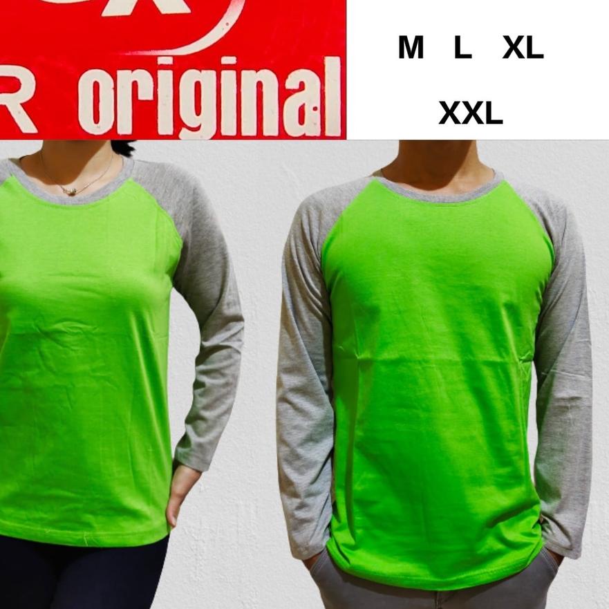 Limited - Kaos reglan polos hijau stabilo  lengan abu  misty panjang M L XL XXL