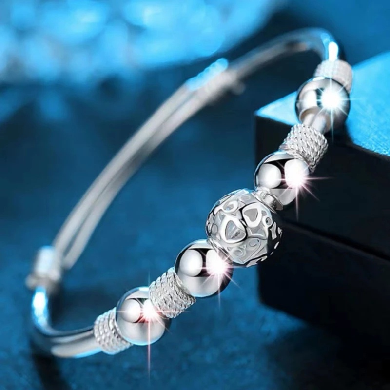 Gelang Manik-Manik Keberuntungan Adjustable Warna Silver Untuk Wanita