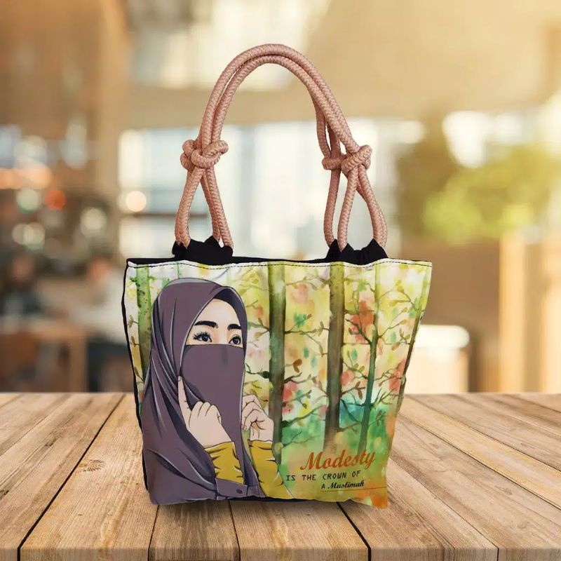 Totebag tali sumbu tas hijab bermotif karakter