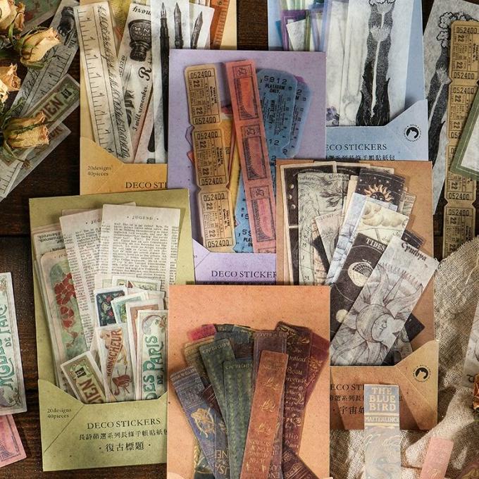 

40pcs Pak Stiker Panjang Gaya Retro Untuk Alat Tulis Sekolah Scrapbook