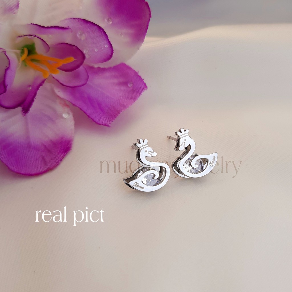 Anting Tusuk Titanium Angsa Dengan Mahkota Diamond Artifisial Warna Rosegold, Gold dan Silver