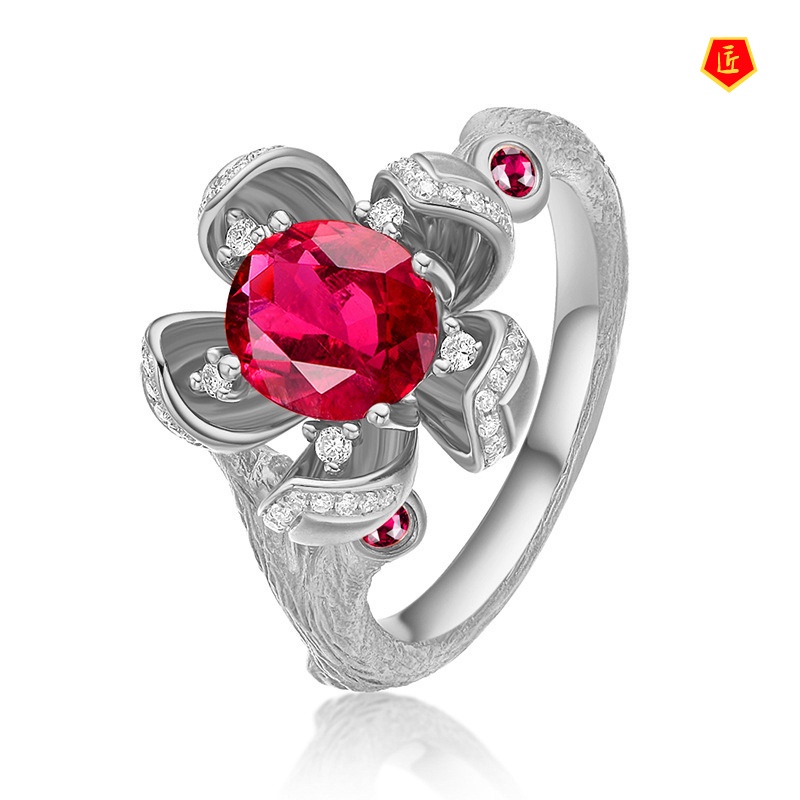 [Ready Stock]Creative Flowers Red Tourmaline Ring 18K Rose Gold