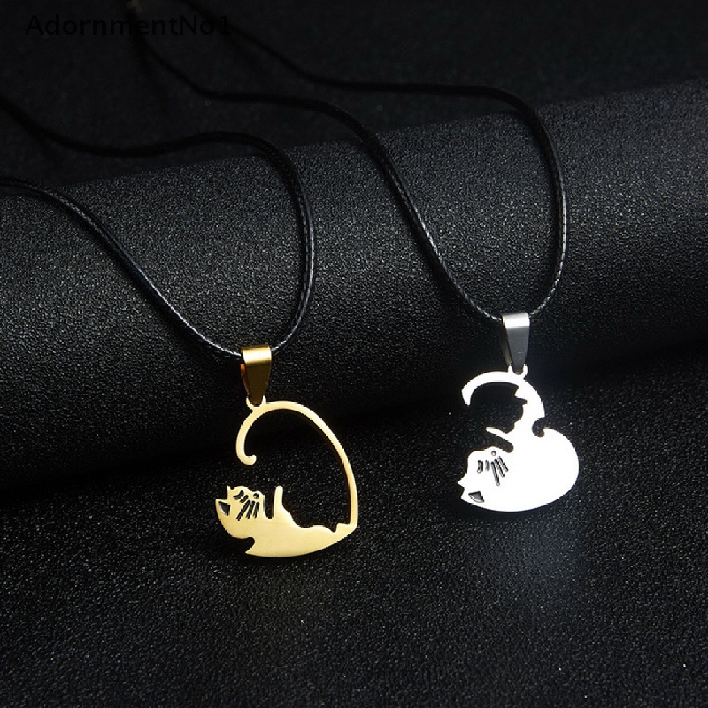 (AdornmentNo1) 2pcs / set Kalung Rantai Liontin Puzzle Hati + Kucing Untuk Pasangan / Pria / Wanita