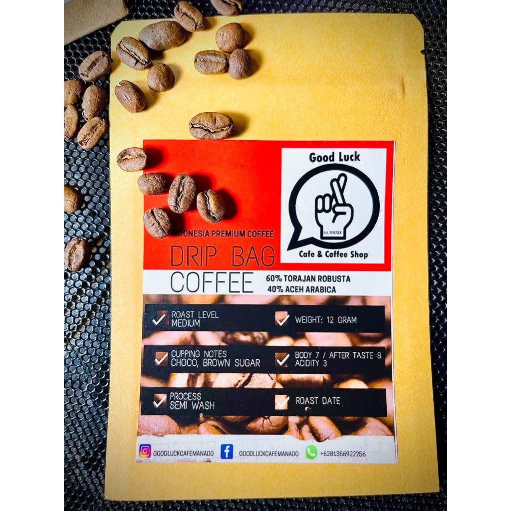 

Kopi Drip Bag Good Luck 12Gr Blend Coffee Kopi Robusta Jawa Semeru Kopi Arabika Aceh Gayo