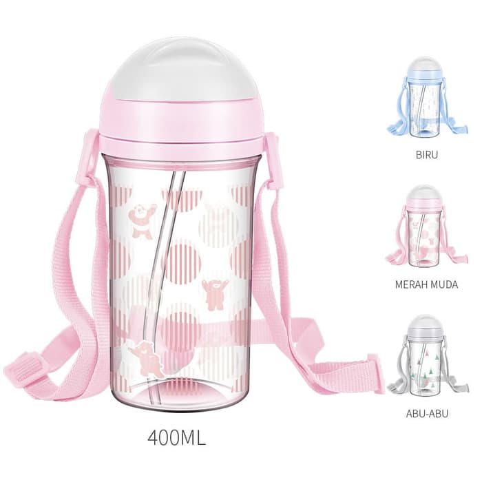 PALING LARIS - MINISO OFFICIAL BOTOL MINUM WE BARE BEARS- WATER BOTTLE WITH STRAW 4 - MERAH MUDA