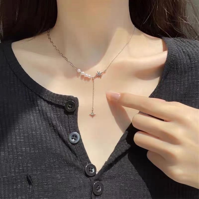 ✿AYN✿K28 Kalung Korea Rantai Mutiara Zircon Star Yuriko Juntai Silver Pearl Bintang Korean Necklace