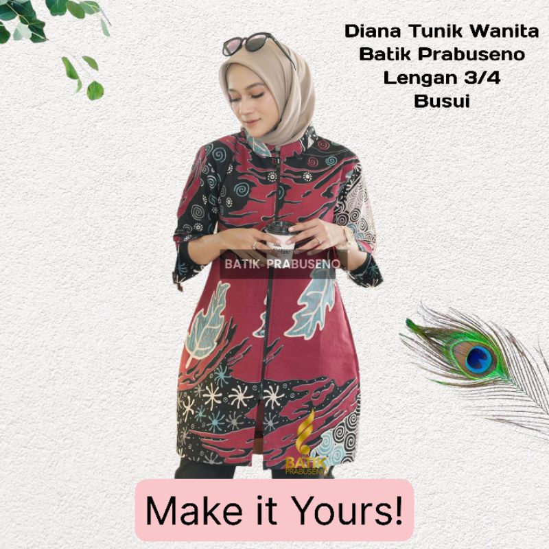 Diana Atasan Baju Tunik Batik Wanita Lengan 3/4 Full Furing Seragam Kerja Kantoran Modern Katun Prin