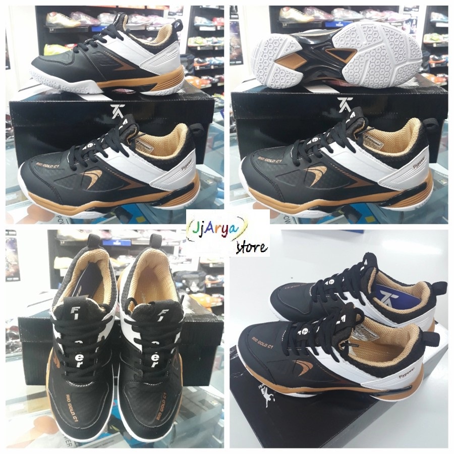 ORIGINAL Sepatu badminton bulutangkis Flypower Rio gold C1 Black Gold