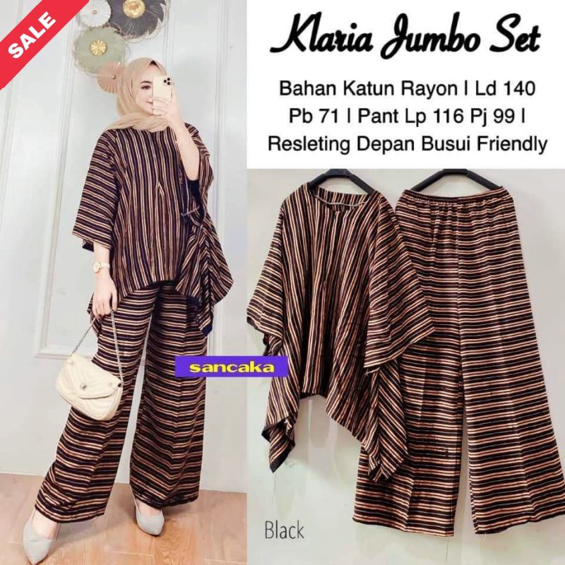 Klaria Set Jumbo - One Set Jumbo Katun Rayon Tidie Premium Busui Setelan Wanita Waka Waka Set Celana Panjang Bigsize LD 140 cm