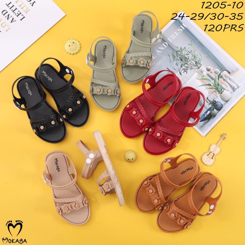 Sandal Slop Let Jelly  Anak Cewek Tali Kepang 3 Bunga Kecil Sama Warna Cantik Lucu Import Mokaya / Size 24-29 (1205-10)