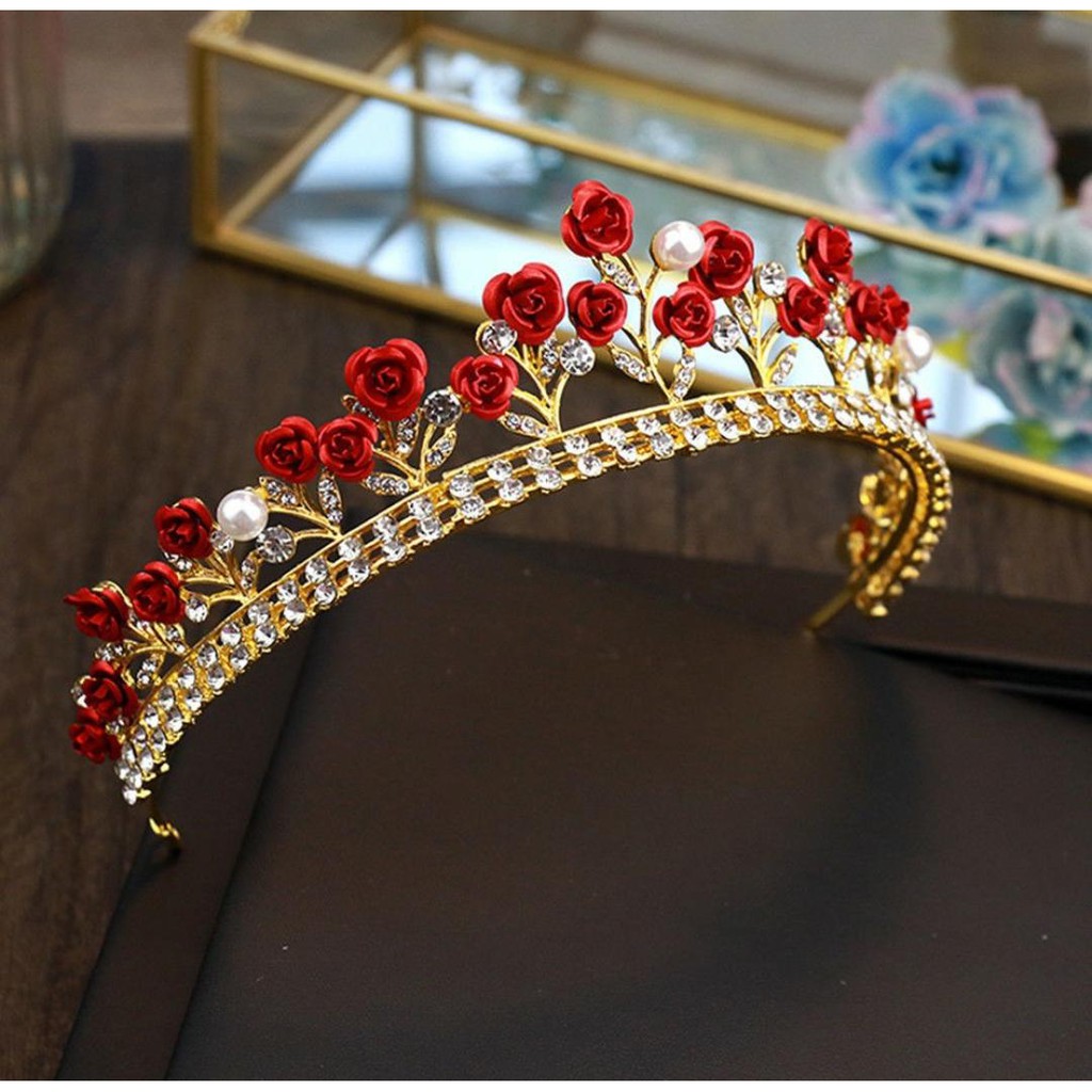 Red Flowers Crown - Mahkota Kristal Ala Tiara Untuk Pengantin Pernikahan