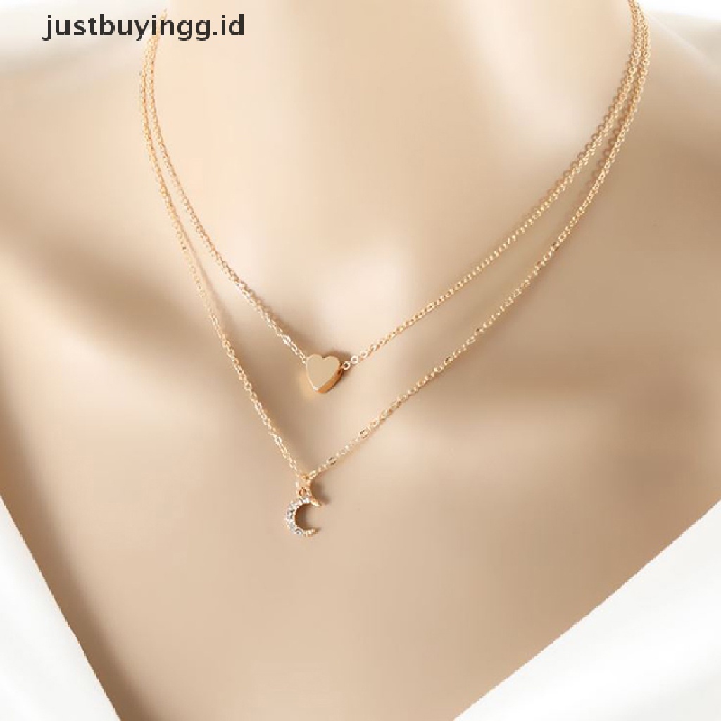 Kalung Choker Multilayer Dengan Liontin Bulan Dan Hati Untuk Wanita