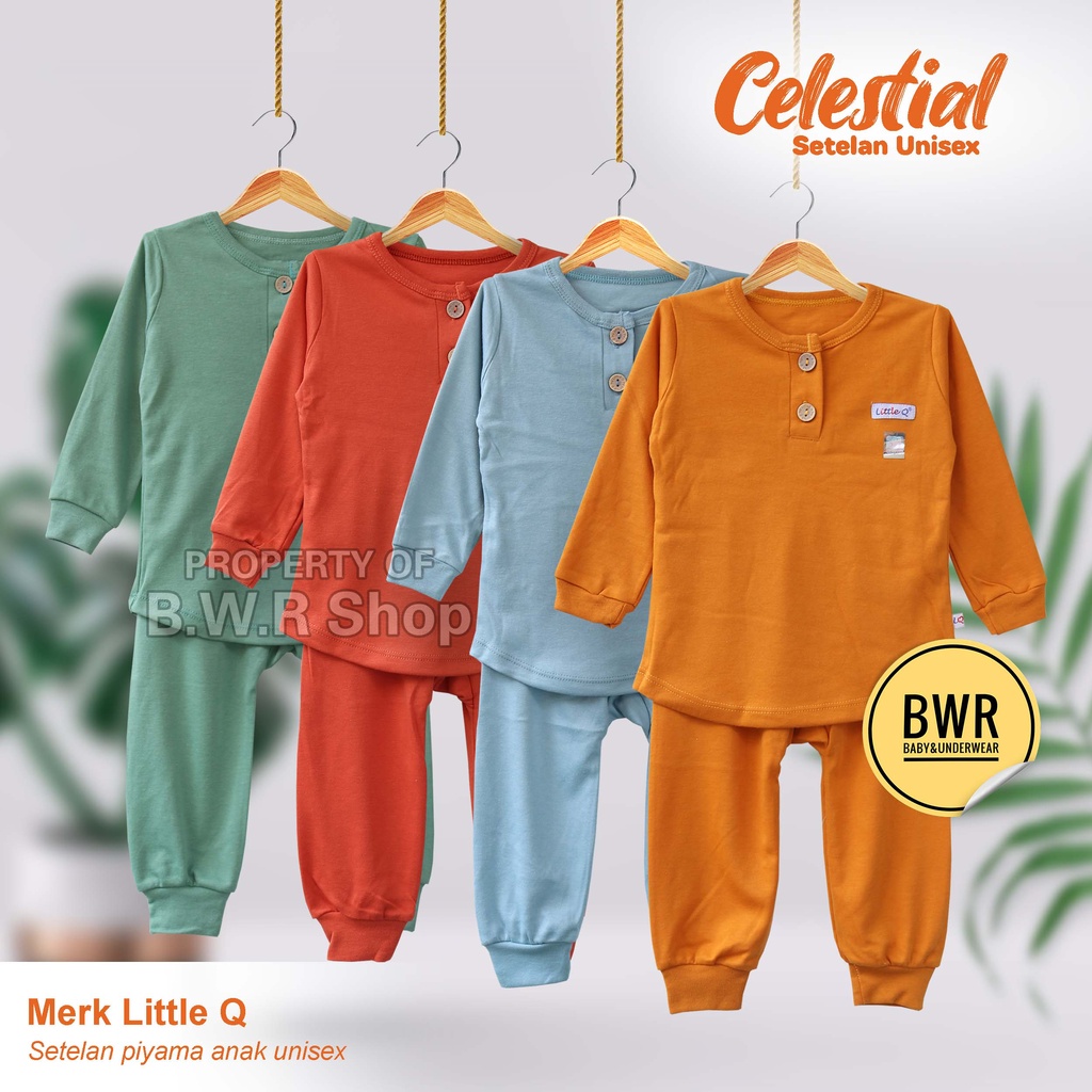 Setelan Little Q PANJANG ( Seri A ) Celestial Piyama Anak Unisex Kancing Dada Warna Polos | Bwr