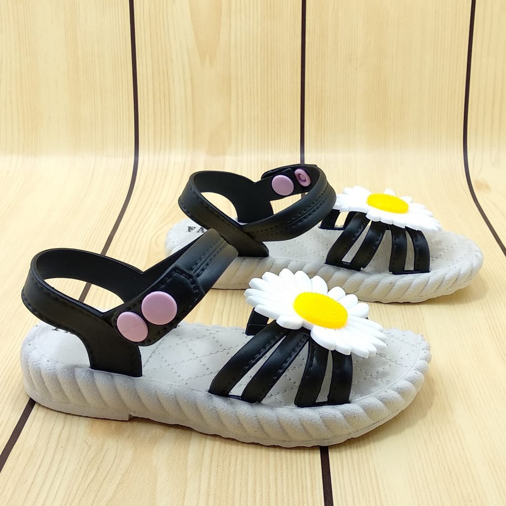 Sendal Anak Perempuan Usia 3 4 Tahun IMPORT HITAM - Sepatu Sandal Anak Cewek Elastis Motif Bunga Size 27 - 29 Karet Anti Licin