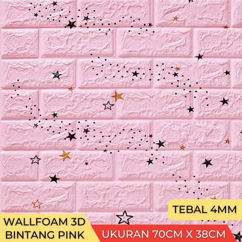 Wallpaper Stiker Dinding 3D Foam Batu Bata 70cm x 38cm-Bata Bintang Pink