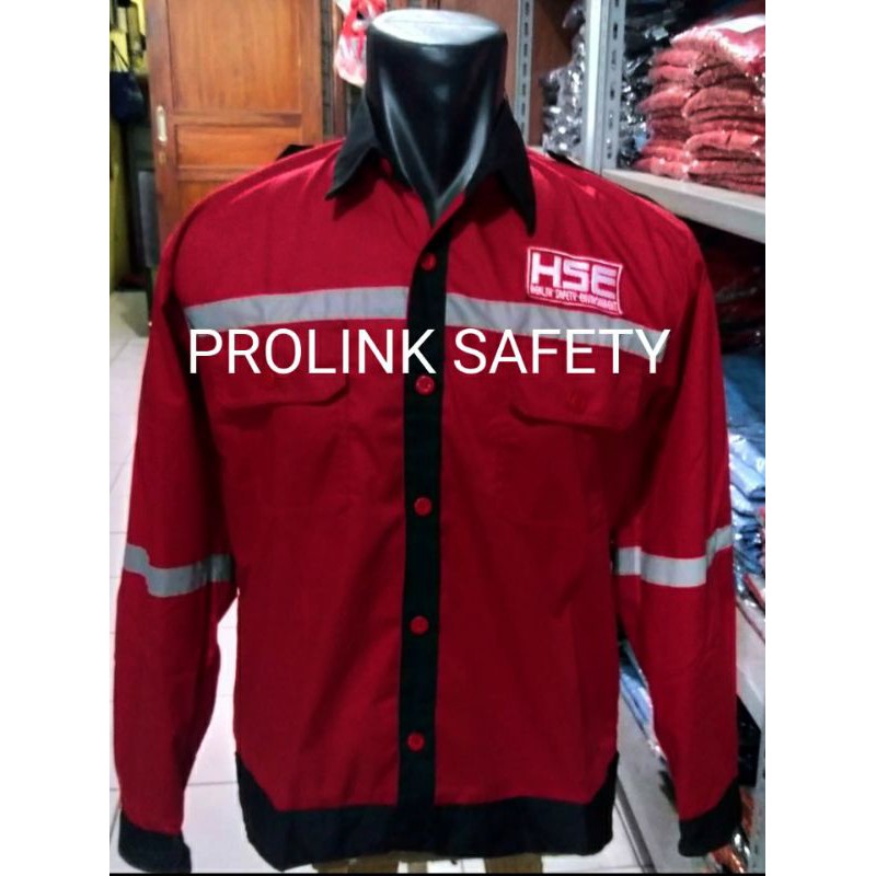 SERAGAM SAFETY HSE MERAH LIST HITAM FREE LOGO KANCING KAIN DRILL TEBAL HALUS ADEM