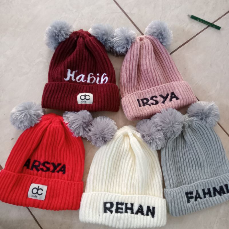 Kupluk Anak Free Bordir Nama Topi Rajut Custom Kupluk Pom Pom Bordir Nama Tanpa Pree Order (Bisa COD)