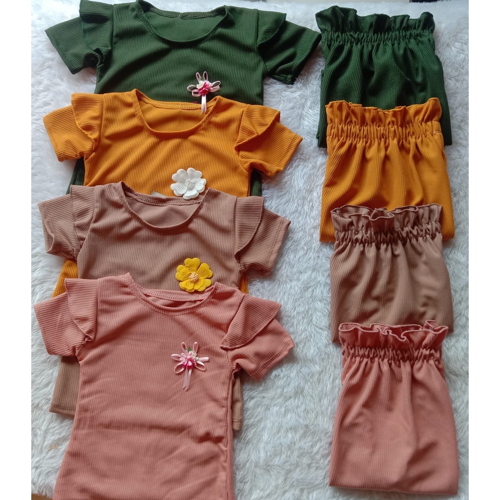 Setelan Anak Perempuan Knit Mango Waffle Ruffle Lengan pendek Setelan Kulot anak cewek knit 1-5 th babyrib-2