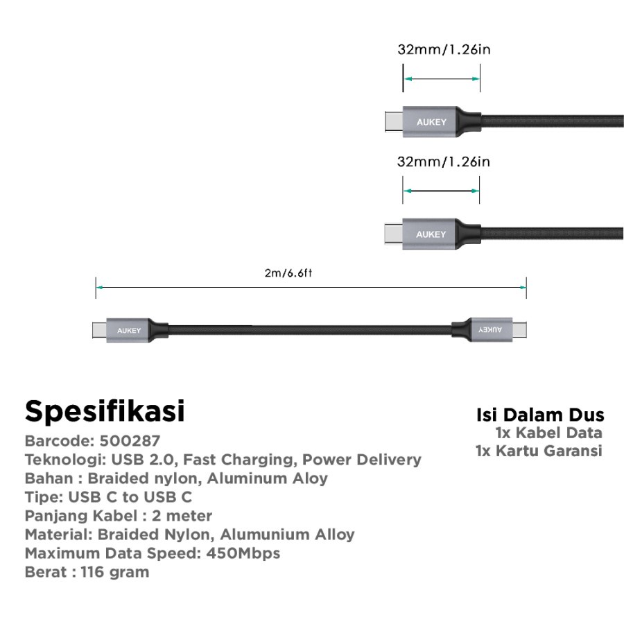 Kable Charger Type C Aukey CB-CD6 2M Braided Nylon - 500342