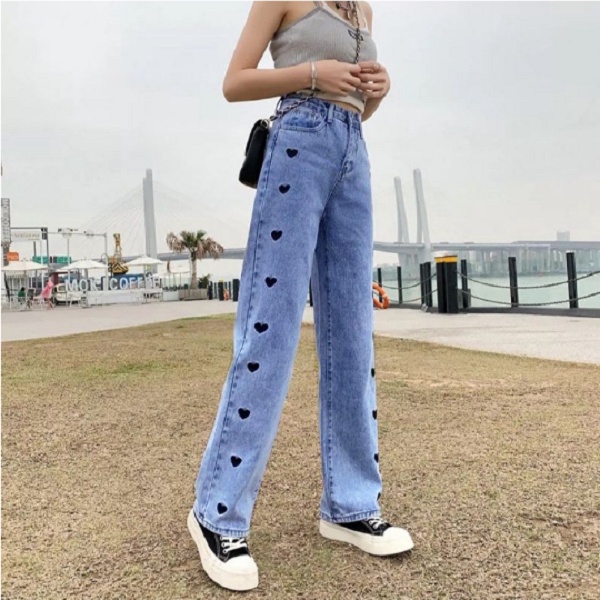 YAOSHI-Celana Panjang Kulot Jeans High waist wanita BF Jeans Bordir Love Sablon  Gaya Korea