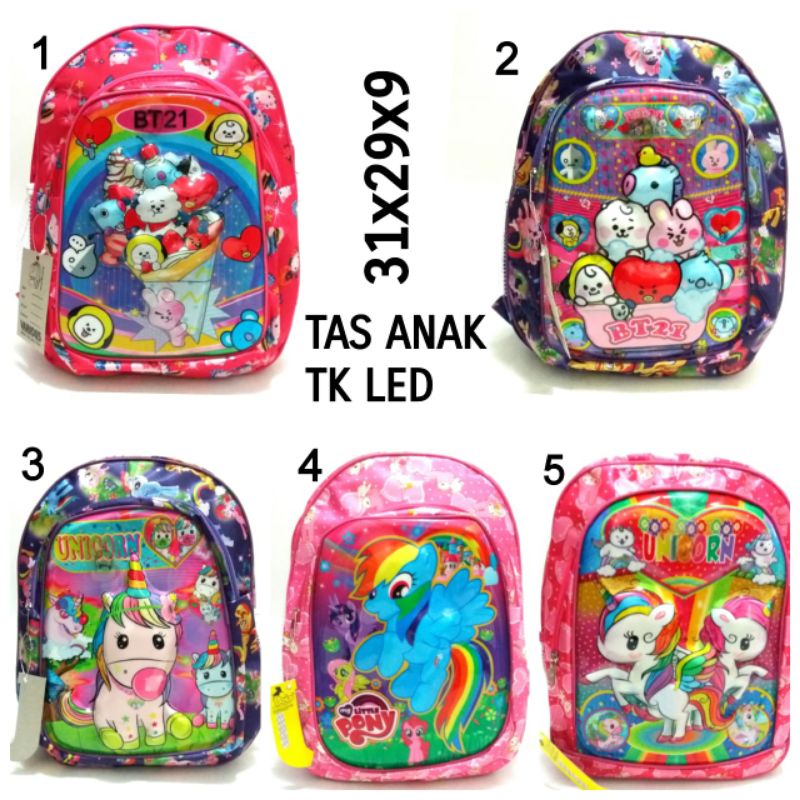 TAS RANSEL LED SEKOLAH ANAK PEREMPUAN  ANAK TK  HARGA MURAH MOTIF BT21 LITTLE PONY UNICORN