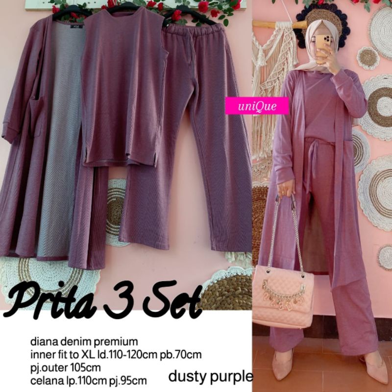 Prita Set 3 ORI Unique Setelan Celana Inner Outer Diana denim Jumbo