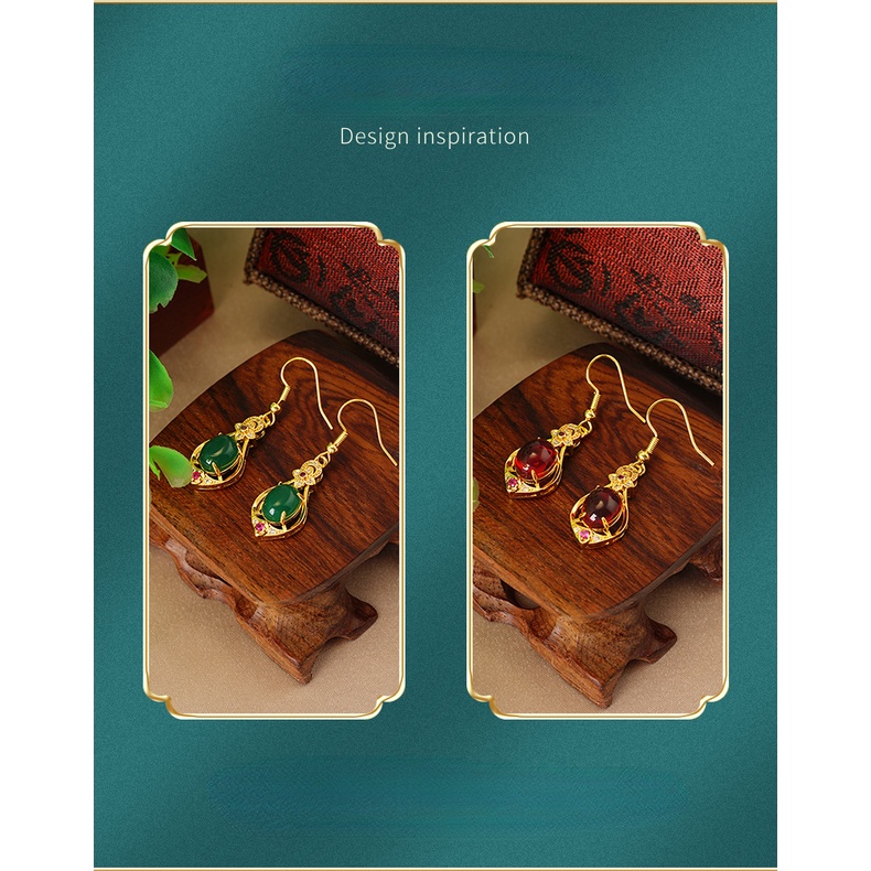 Goldkingdom Perhiasan Fashion 24K Bangkok Aksesoris Ready Stock Lapis Emas Asli Kadar 375 Panjang Rumbai Micro Set Emerald Ruby Elegan Drop Earrings Untuk Wanita