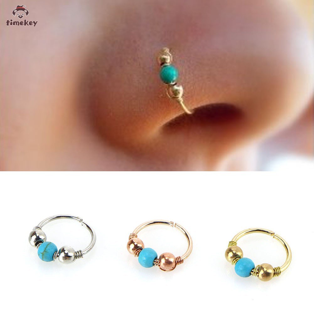 【TK】Blue Turquoise Round Beads Nose Ring Stud Earring Nostril Hoop Women Jewelry