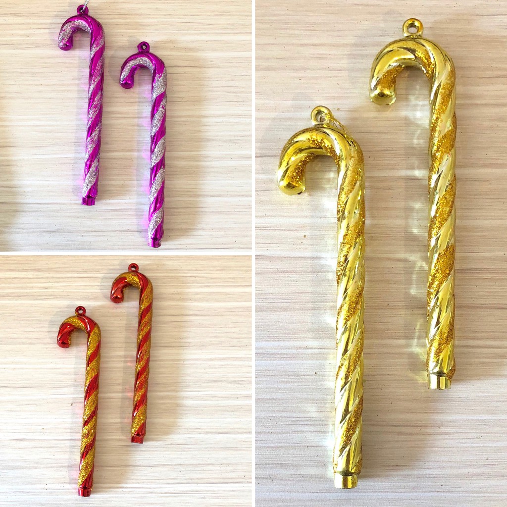 Hiasan Natal Christmas Ornament Cane Tongkat Glitter isi 2 (Emas / Merah / Pink)