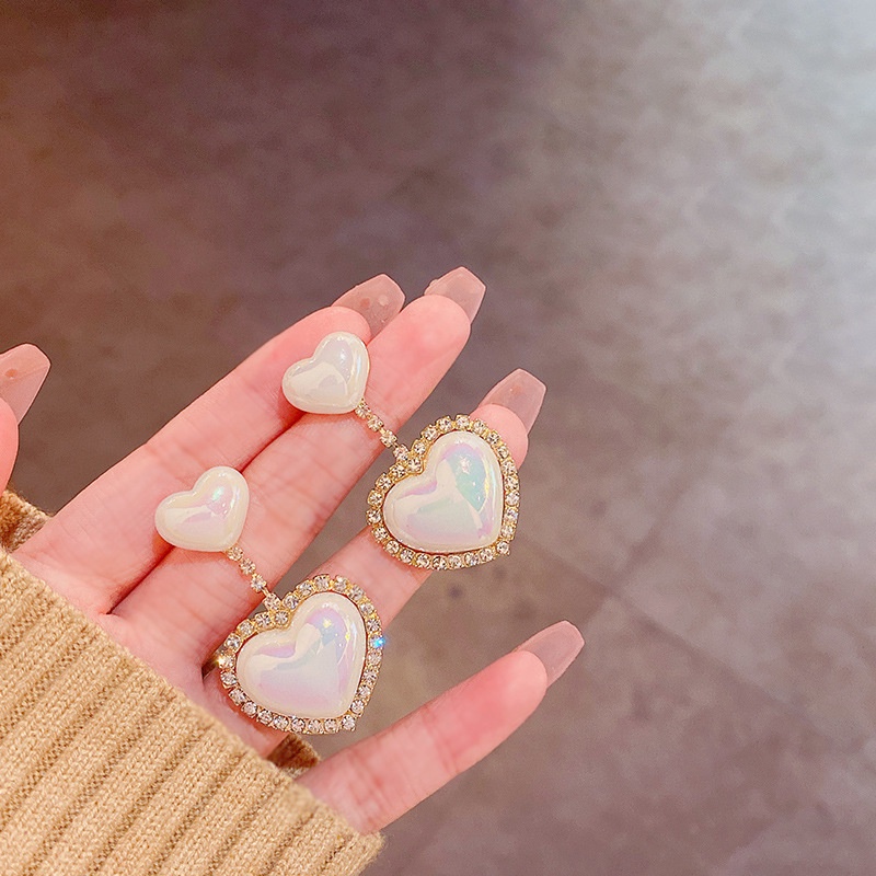 Anting Tusuk Bentuk Hati Aksen Mutiara Bahan 925 silver