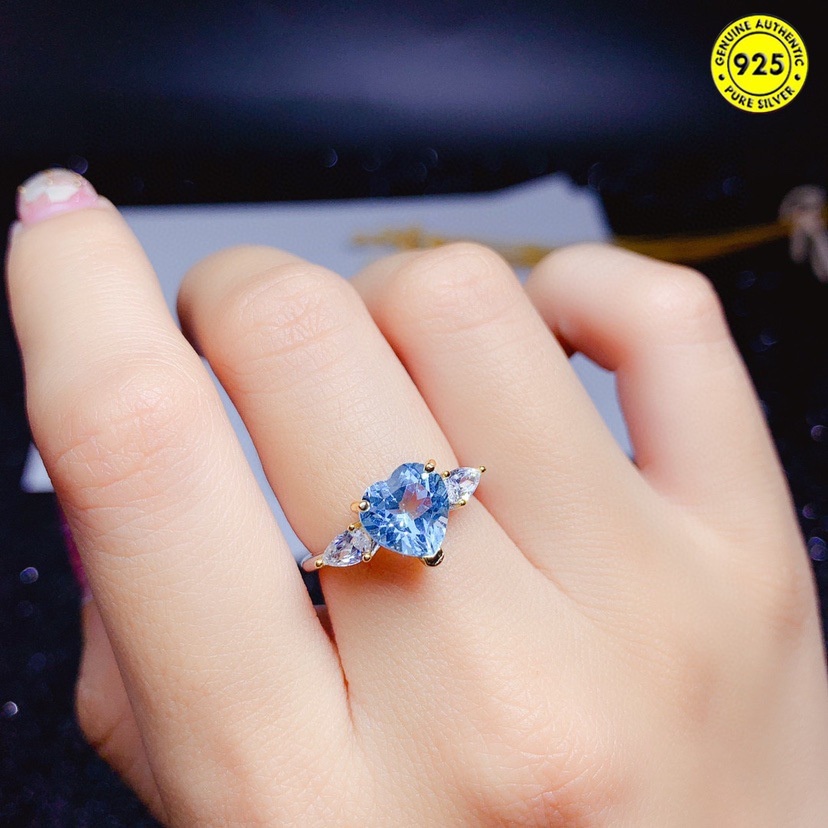 Cincin Batu Permata Topaz Biru Langit Bentuk Hati Model Terbuka