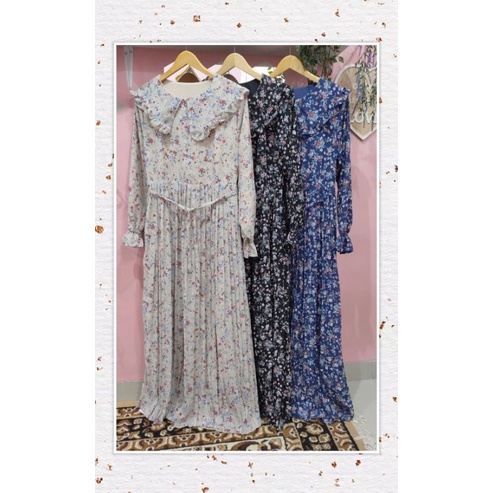 Dress Ceruty Bunga Plisket Premium Full Furing Kerah Korea Busui Resleting by Yuri