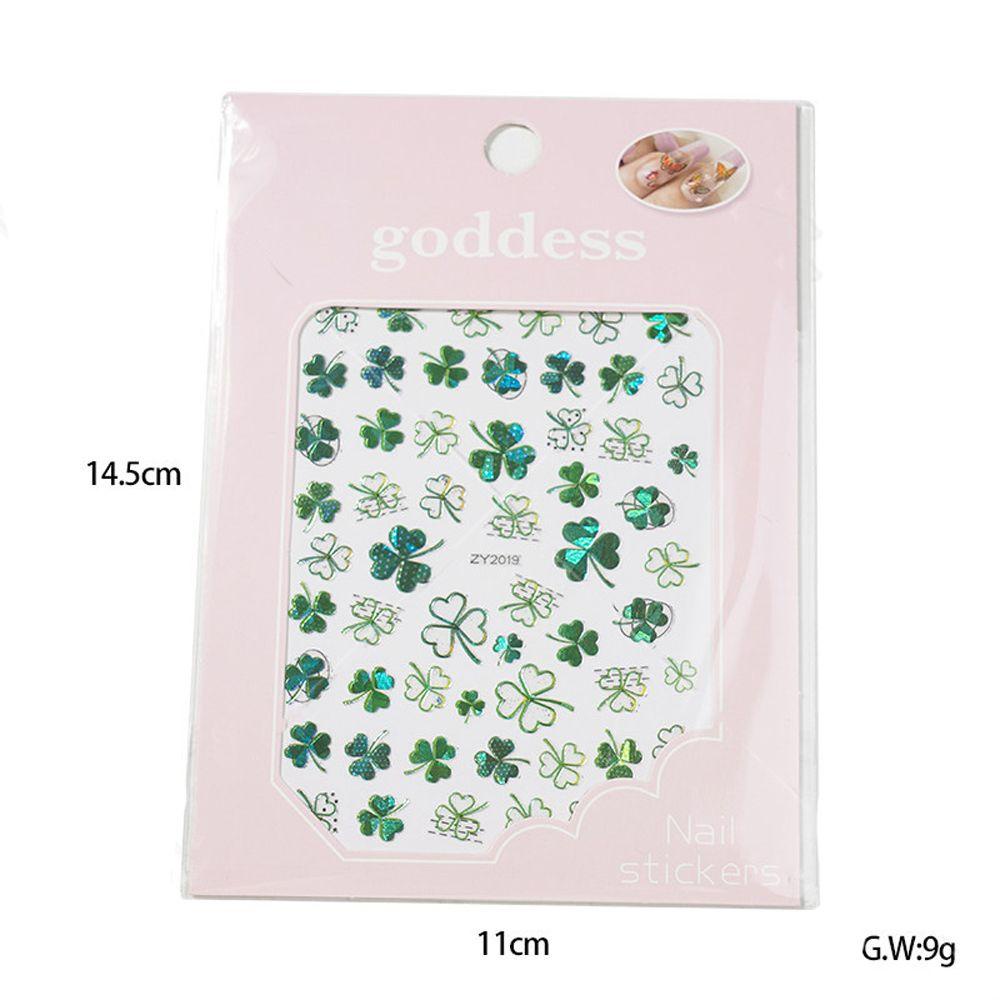 AUGUSTINA Agustina Clover Nail Art Stiker Hijau Hologram Laser Wanita Shamrock Ginkgo Manicure Grass Nail Tip Sliders