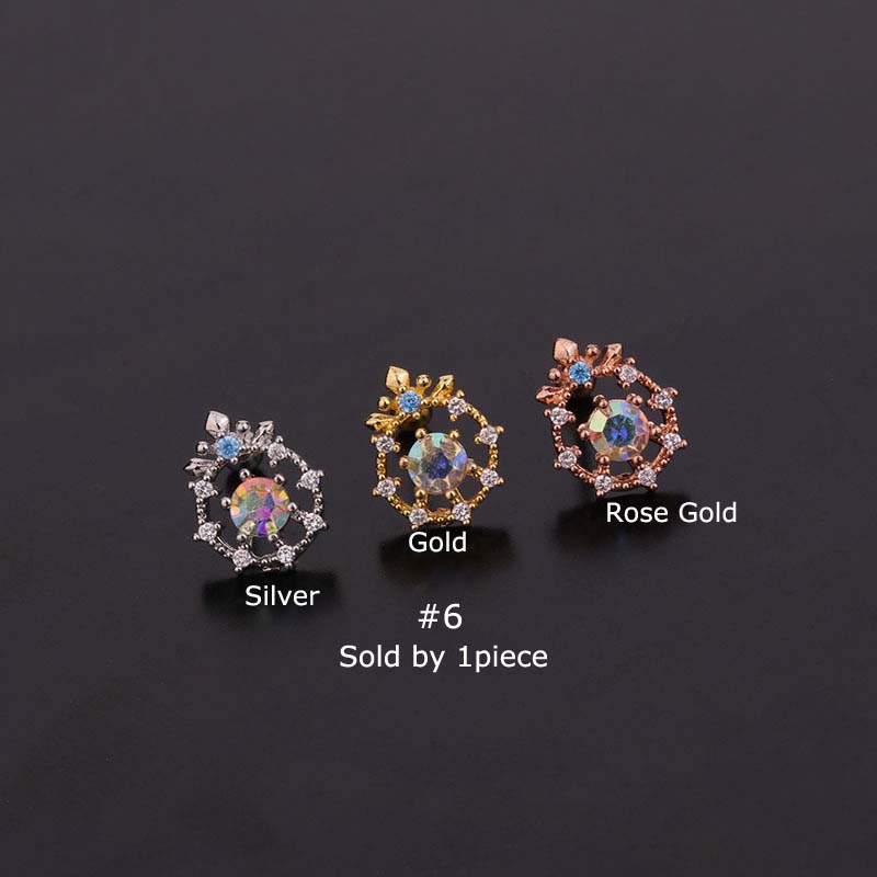 1piece Multicolor Helix Pinna Upper Lobe Ear Stud Piercing Stainless Steel with Zircon 20G