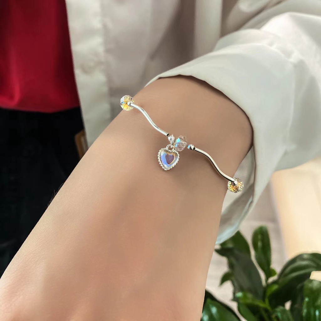 Gelang Tangan Alloy Silver Desain Hati Hias Moonstone Untuk Wanita