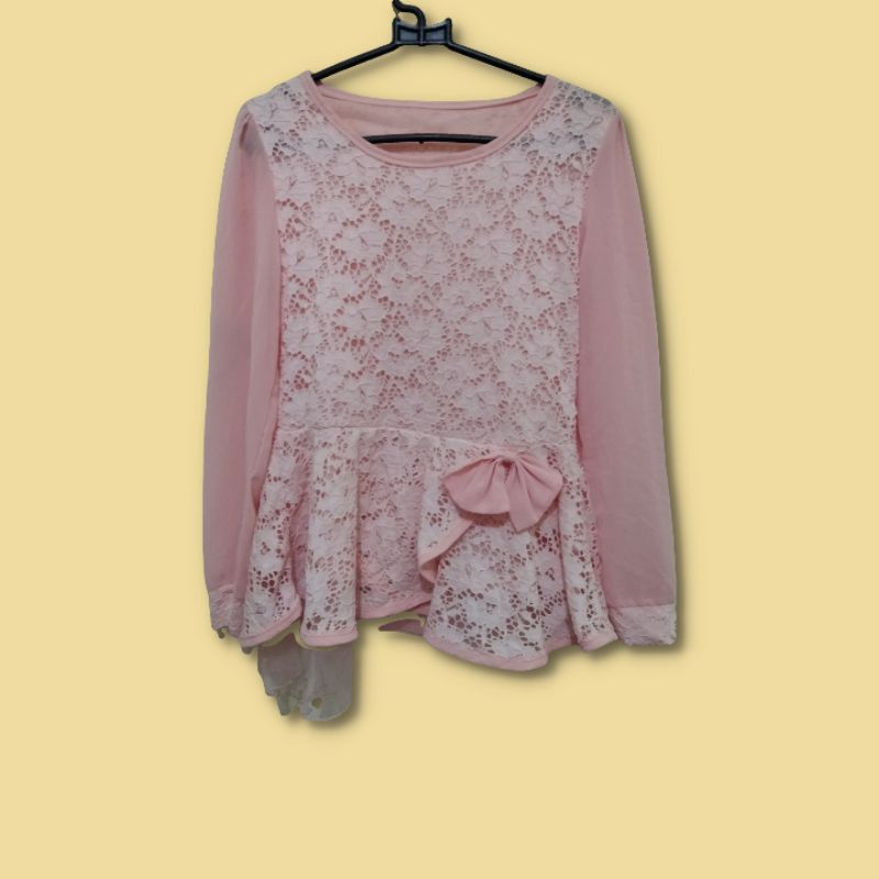 preloved PL thrift blouse pink jaring brukat pita