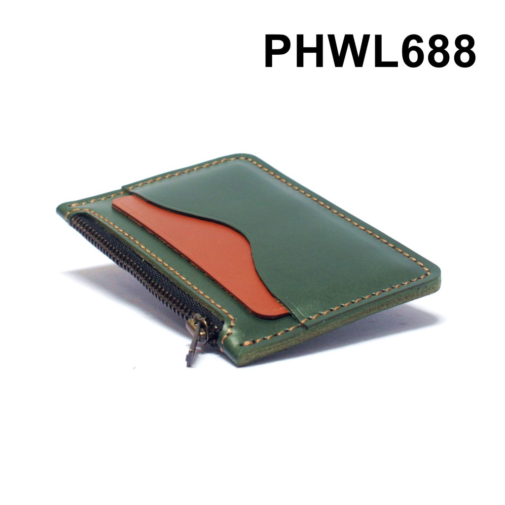 dompet kartu zipper resleting kulit asli hijau tan - PHWL688