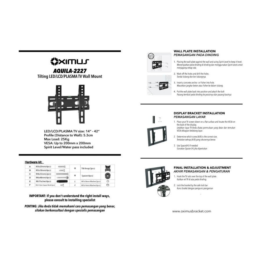 BRACKET TV LCD LED TILT WALL MOUNT TV 22 24 27 32 37 42 OXIMUS AQ 2227