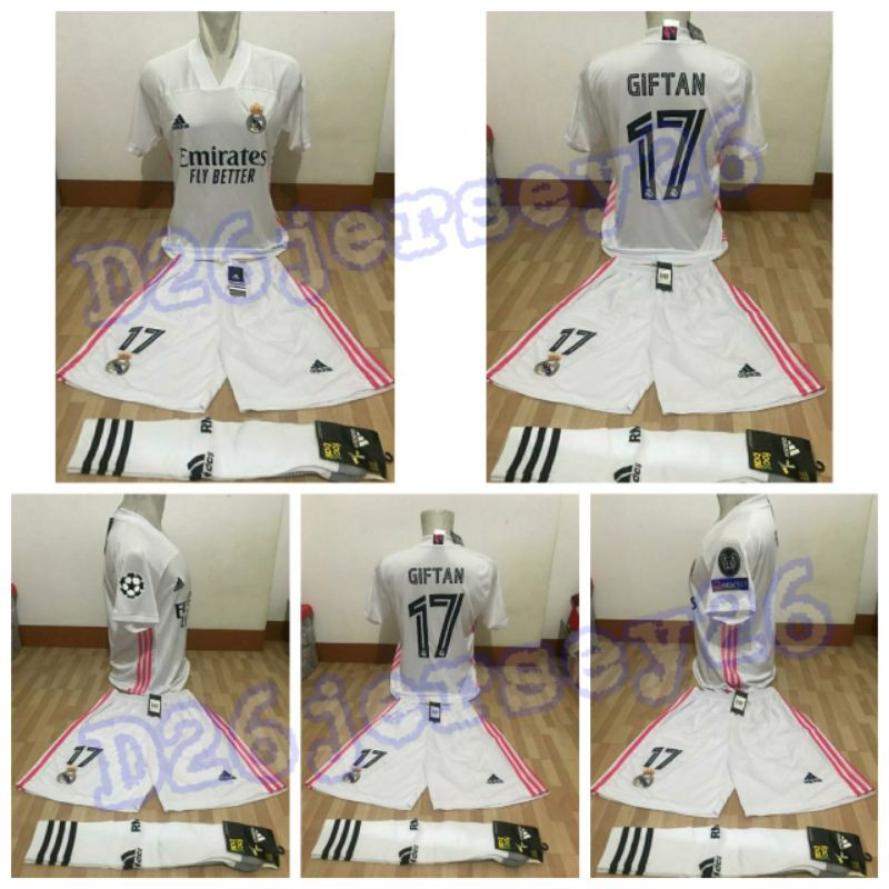 Jersey Real Madrid home Full Kit 2020 / 2021 OFFICIAL + Cetak nama Font UCL Full Patch UCL