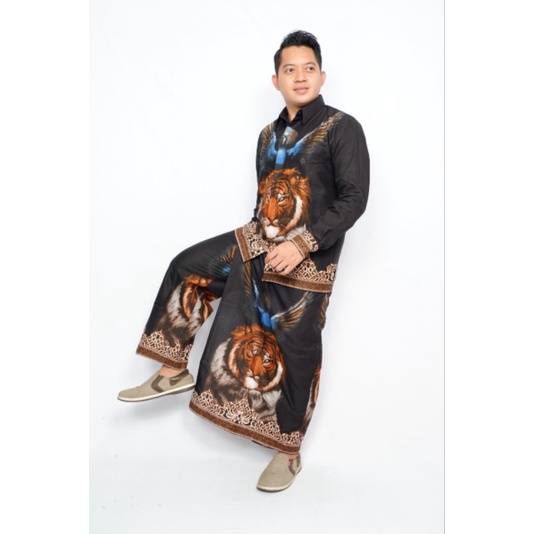 Setelan Celana Sarung Kemeja Batik Pria Lengan Panjang Pendek Baju Cowok Modern Motif Burung Biru Hi