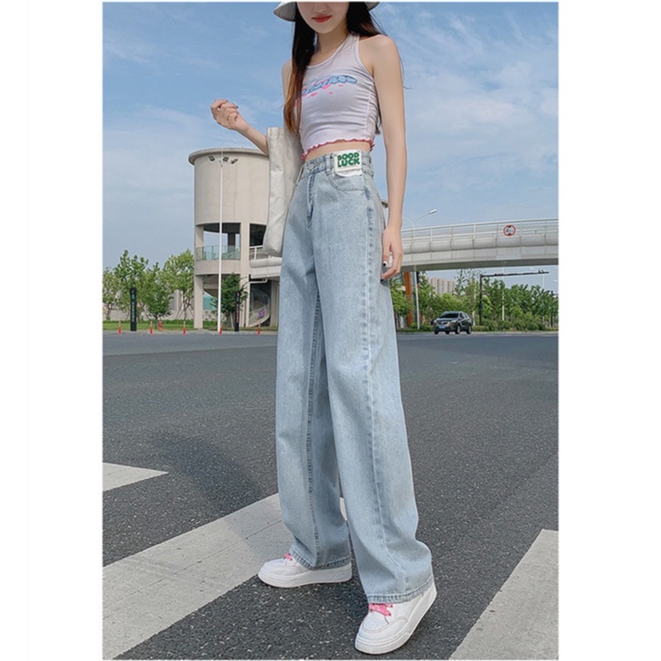 Good Luck Highwaist Straight Loose Celana Jeans Panjang Wanita/Korean Kasual Jeans Wanita