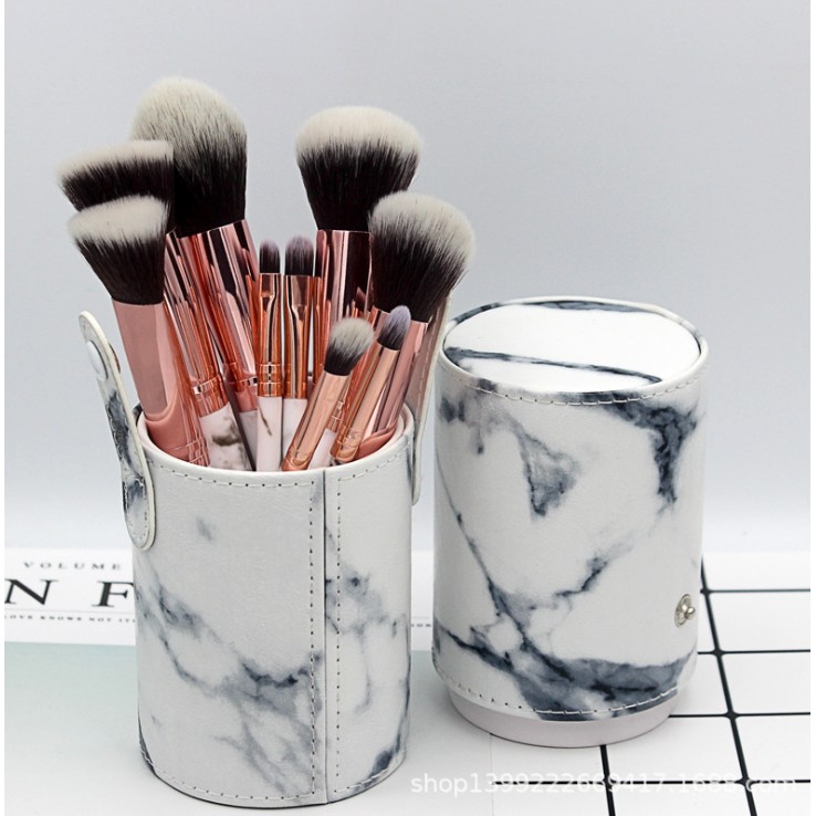 Set Kuas Makeup Makeup Marble 10 pcs Marmer dengan Tas Bundar Marble Brush