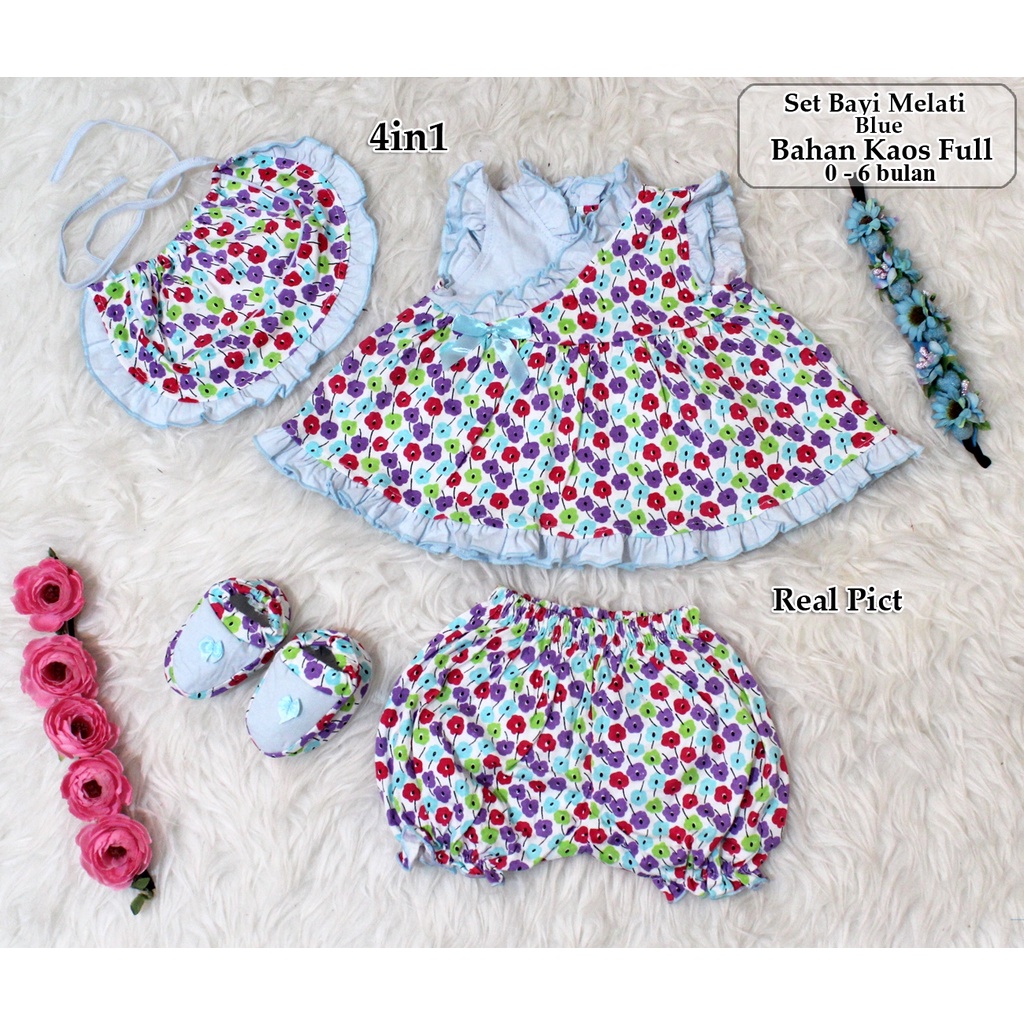 Set Melati 4in1/Piyama Bayi Motif Bunga/Setelan Baju Anak Lengkap/ Pakaian Anak Murah