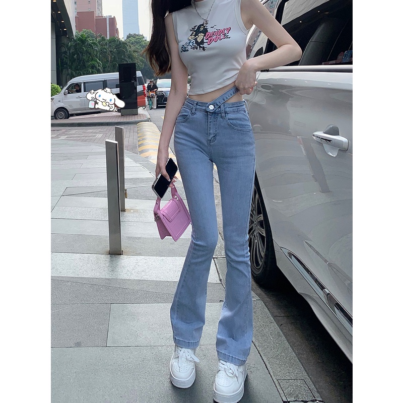 Celana Jeans Gaya Korea Stretch Skinny Jeans Wanita Biru Muda Pinggang Tinggi Slim Fit Slim Berkobar