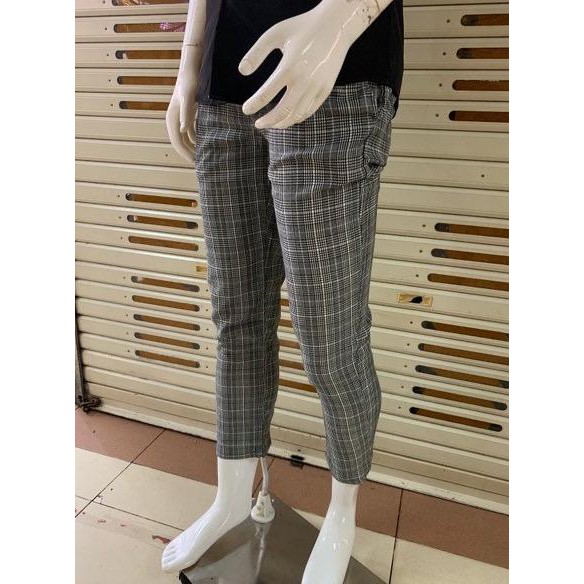 Celana Panjang Tartan Pants Ankle Pria Skinny Kotak Abu