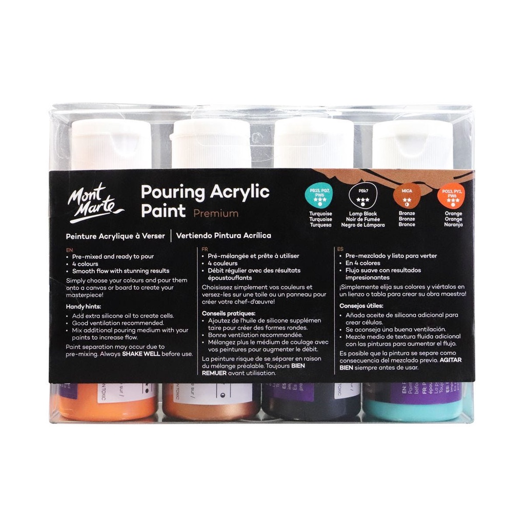 Mont Marte Pouring Acrylic Paint Set Premium 4pc x 60ml (2oz) - Symphony