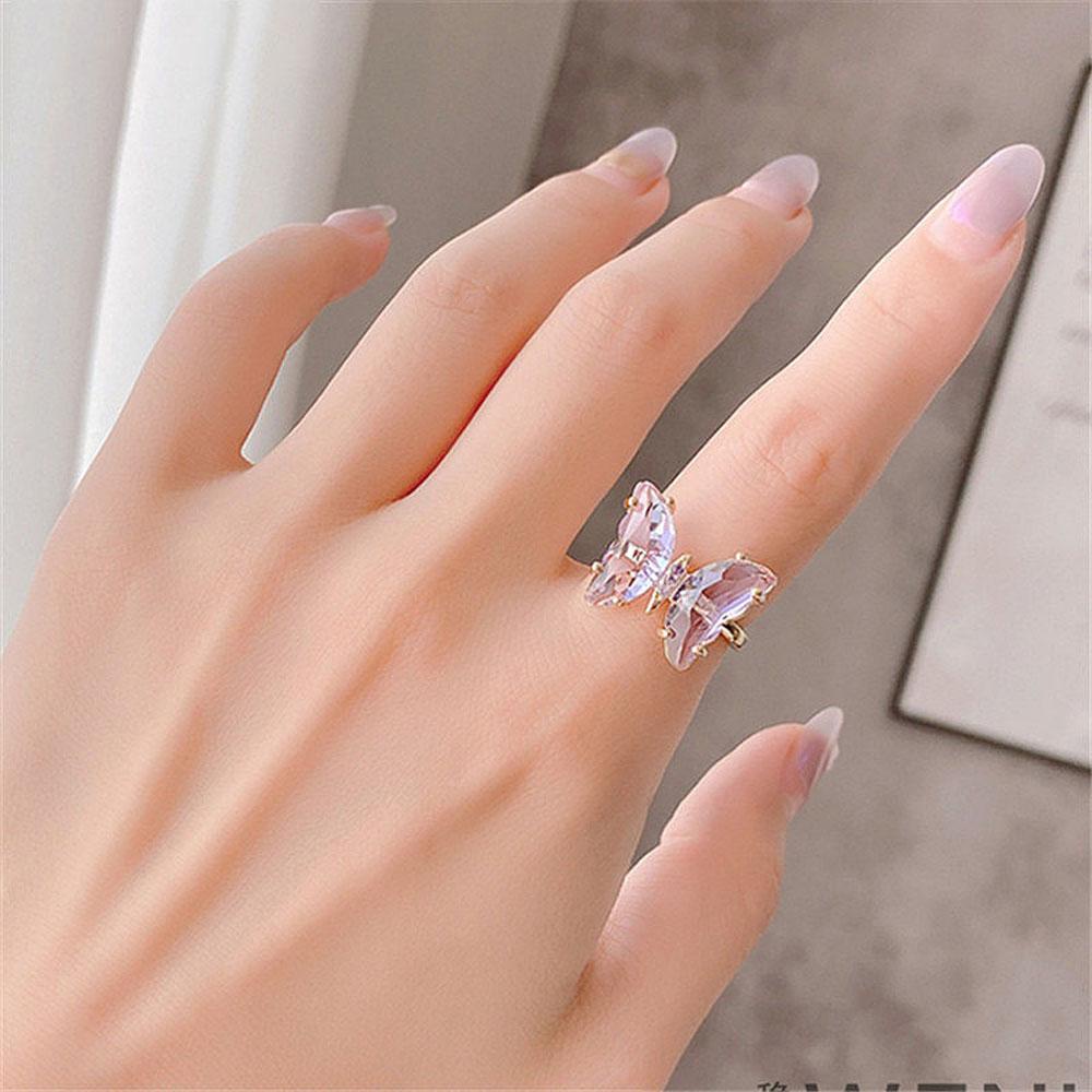 Agustinina Butterfly Finger Ring Elegan Mengkilap Wanita Transparan Permen Warna Perhiasan Akrilik